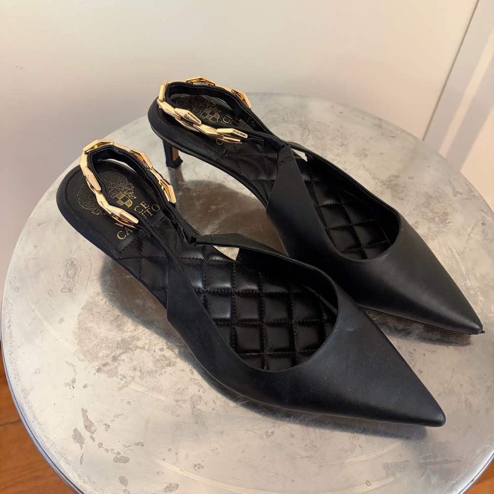 Vince Camuto Black Pointed Toe Slingback Flats with Gold Buckle - Picture 2 of 4